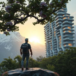 An architect with light-colored hair stands on a rock adorned with flowers, his back facing us, under a tree with dense foliage and large flowers