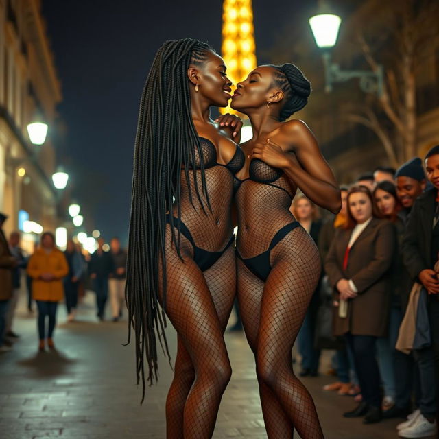 In the enchanting night of Paris, two tall and skinny black women with beautifully braided hair stand gracefully