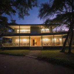 A typical elementary school in the Philippines at twilight, filled with ethereal glow. Playful, transparent ghosts happily roam around the classrooms, playground, and bamboo trees, infusing the scene with an enchanting and mellow spectral ambiance.