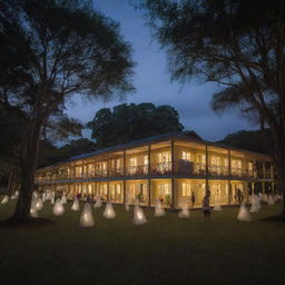 A typical elementary school in the Philippines at twilight, filled with ethereal glow. Playful, transparent ghosts happily roam around the classrooms, playground, and bamboo trees, infusing the scene with an enchanting and mellow spectral ambiance.