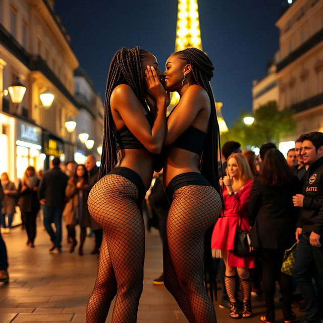 On a vibrant Parisian night, two tall and skinny black women with beautifully braided hair stand confidently, their long legs enticingly showcased through fishnet body stockings