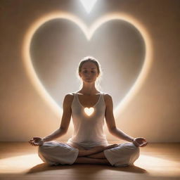 A tranquil scene of an individual in peaceful meditation, encased by warm, heart-shaped, ethereal light conveying the feeling of an opening heart.