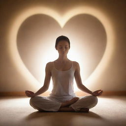 A tranquil scene of an individual in peaceful meditation, encased by warm, heart-shaped, ethereal light conveying the feeling of an opening heart.