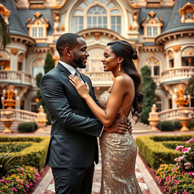 A wealthy and elegantly dressed black man and a beautiful white woman embracing each other in a loving, intimate setting