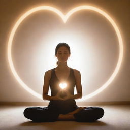 A tranquil scene of an individual in peaceful meditation, encased by warm, heart-shaped, ethereal light conveying the feeling of an opening heart.