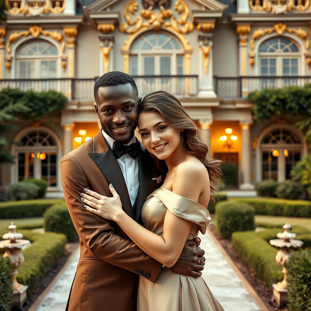 A wealthy and elegantly dressed black man and a beautiful white European woman embracing each other in a loving, intimate setting