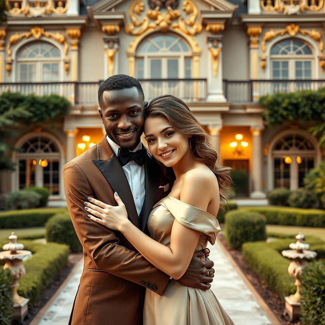 A wealthy and elegantly dressed black man and a beautiful white European woman embracing each other in a loving, intimate setting