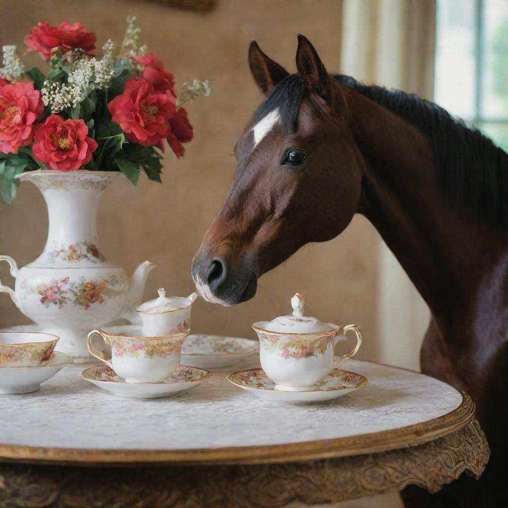 A horse elegantly sipping tea from a china cup in a beautifully decorated setting.