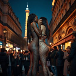 In the enchanting nightlife of Paris, two tall and slender women stand amidst the city's iconic glow