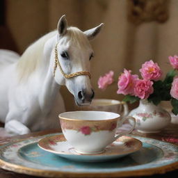 A horse elegantly sipping tea from a china cup in a beautifully decorated setting.