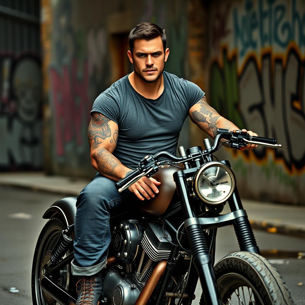 A muscular, tattooed man with short dark hair sits confidently on a chopper motorcycle