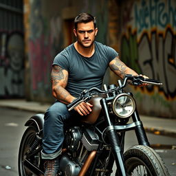 A muscular, tattooed man with short dark hair sits confidently on a chopper motorcycle