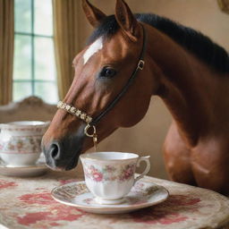 A horse elegantly sipping tea from a china cup in a beautifully decorated setting.