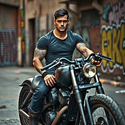 A muscular, tattooed man with short dark hair sits confidently on a chopper motorcycle