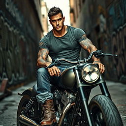 A muscular, tattooed man with short dark hair sits confidently on a chopper motorcycle