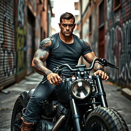 A muscular, tattooed man with short dark hair sits confidently on a chopper motorcycle