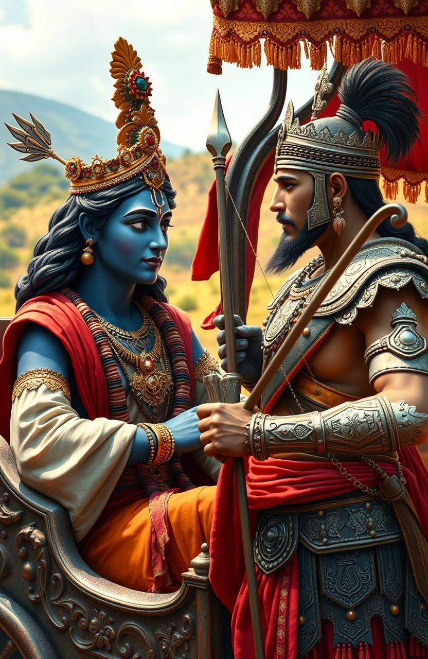 A realistic scene featuring Krishna and Arjuna engaged in a deep conversation