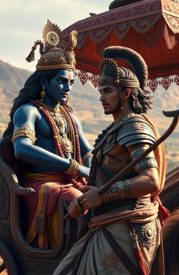 A realistic scene featuring Krishna and Arjuna engaged in a deep conversation