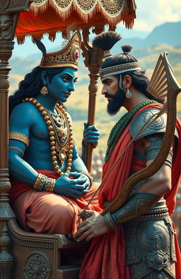 A realistic scene featuring Krishna and Arjuna engaged in a deep conversation