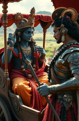 A realistic scene featuring Krishna and Arjuna engaged in a deep conversation