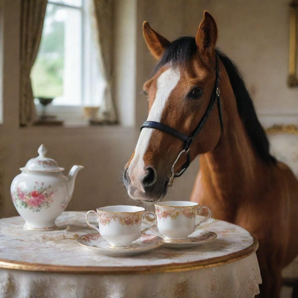 A horse elegantly sipping tea from a china cup in a beautifully decorated setting.