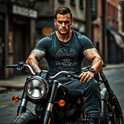 A muscular, tattooed man with short dark hair sits confidently on a chopper motorcycle