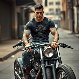 A muscular, tattooed man with short dark hair sits confidently on a chopper motorcycle