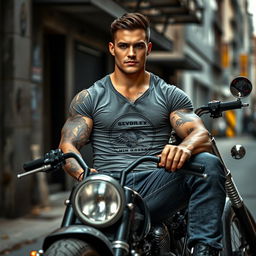 A muscular, tattooed man with short dark hair sits confidently on a chopper motorcycle