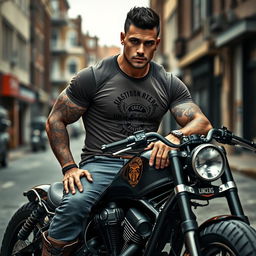 A muscular, tattooed man with short dark hair sits confidently on a chopper motorcycle