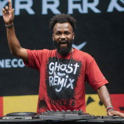 A high-energy DJ on stage with the words 'GHOST REMIX' emblazoned on his shirt, set against the rich colors of the Papua New Guinea flag in the background.