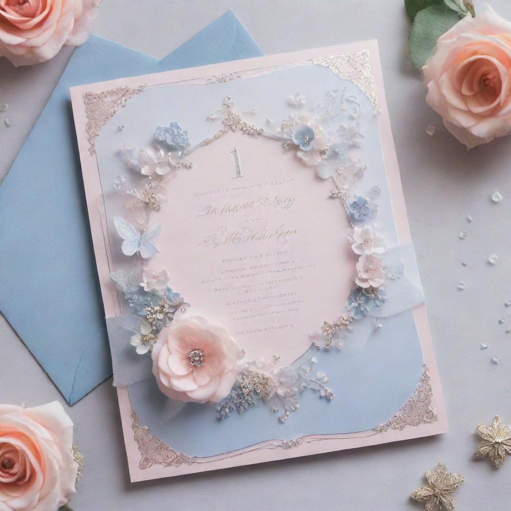 Fairy-themed, ethereal 18th birthday invitation including floral designs and diamond accents, presented in rose quartz and serenity colors.