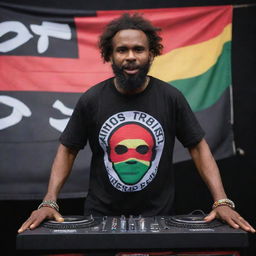 A high-energy DJ on stage with the words 'GHOST REMIX' emblazoned on his shirt, set against the rich colors of the Papua New Guinea flag in the background.