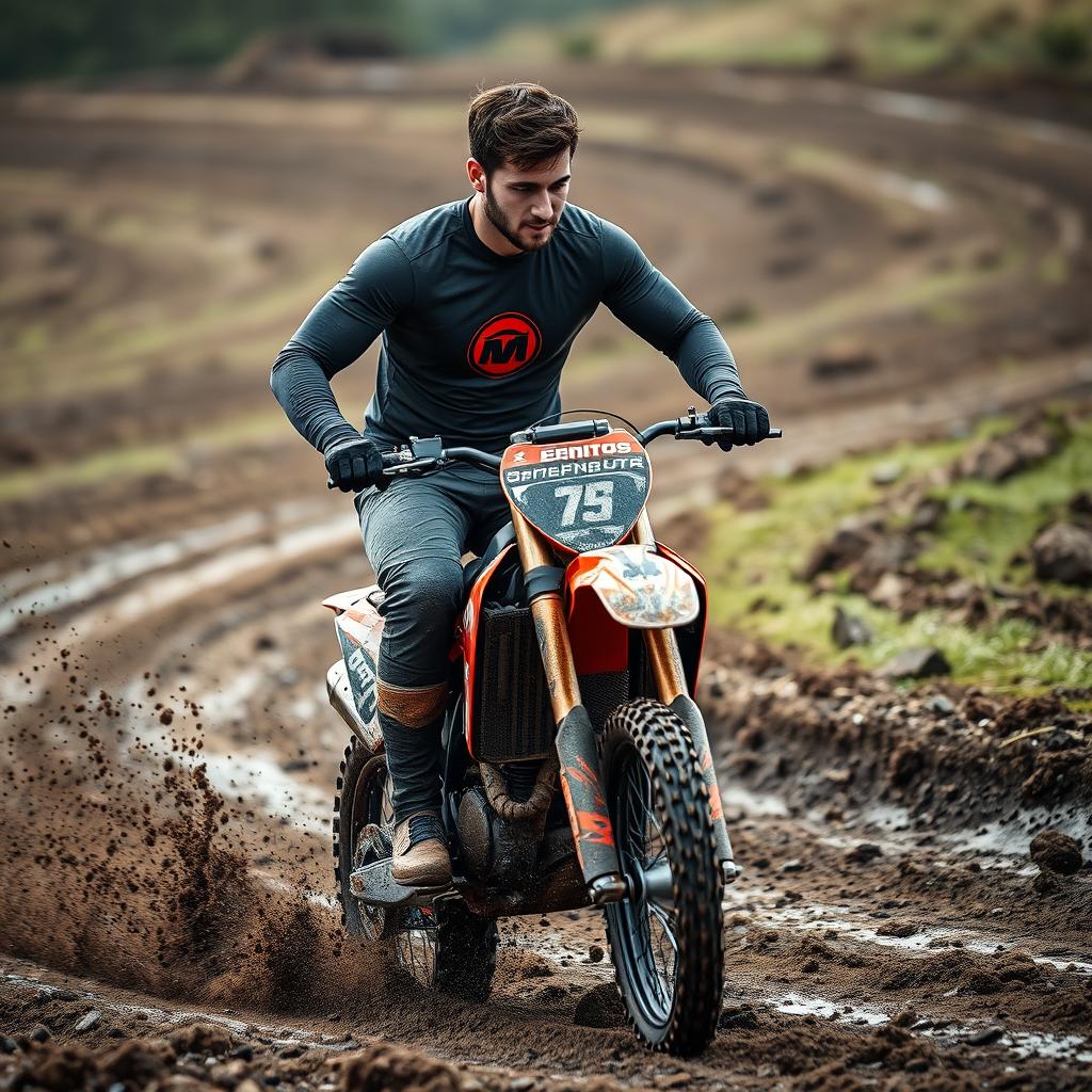 A high-energy photo of a man with a full sleeve shirt emblazoned with a logo, riding an enduro motorcycle through a muddy track