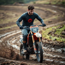 A high-energy photo of a man with a full sleeve shirt emblazoned with a logo, riding an enduro motorcycle through a muddy track