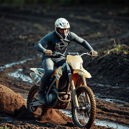 A high-energy photo of a man with a full sleeve shirt emblazoned with a logo, riding an enduro motorcycle through a muddy track