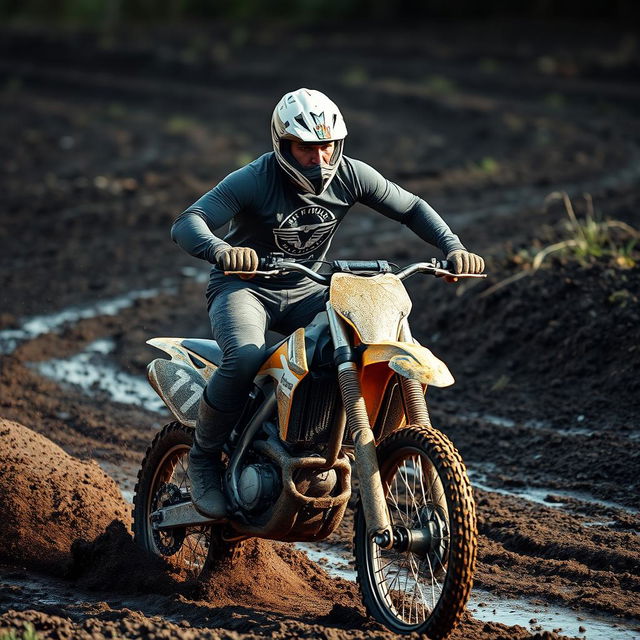 A high-energy photo of a man with a full sleeve shirt emblazoned with a logo, riding an enduro motorcycle through a muddy track