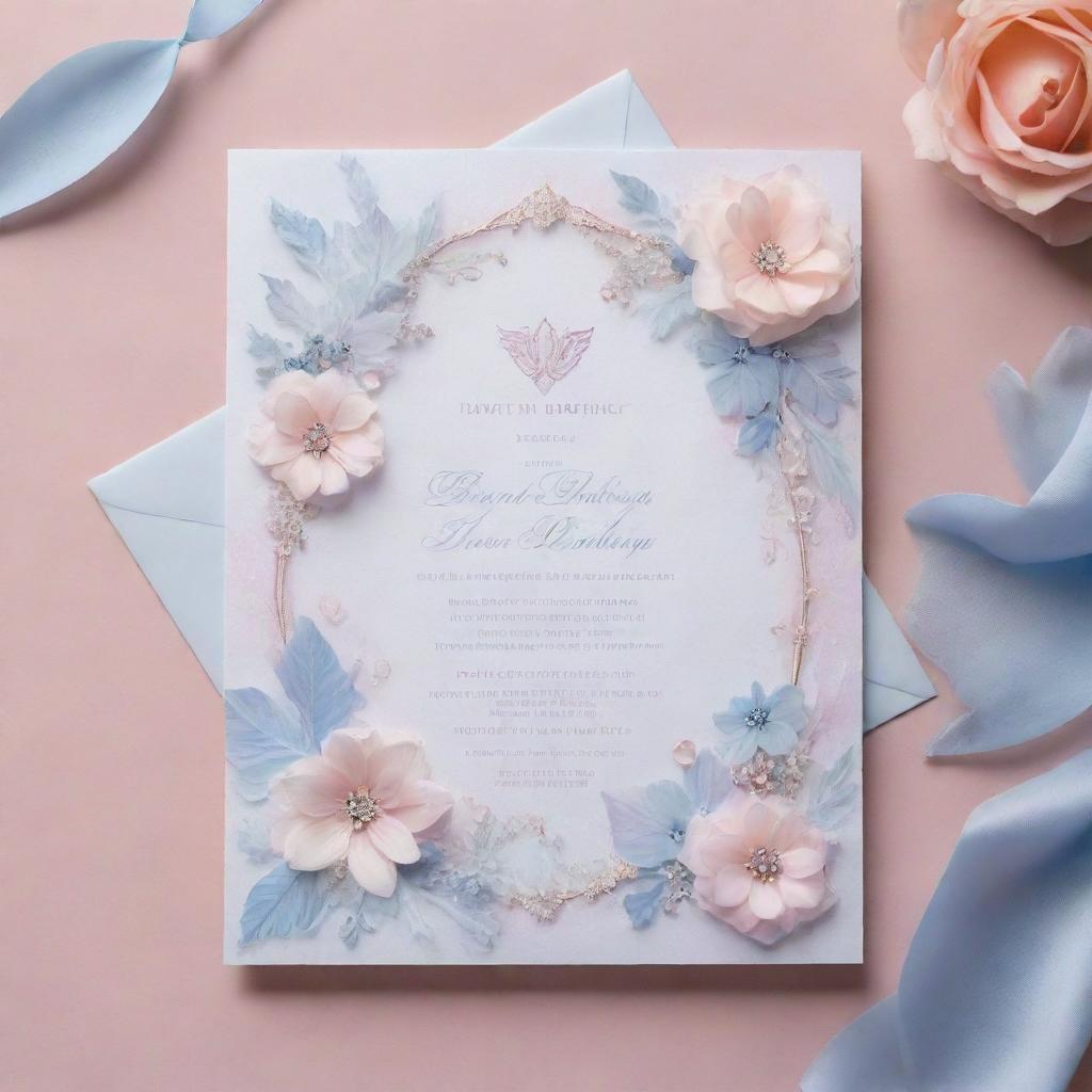 Fairy-themed, ethereal 18th birthday invitation including floral designs and diamond accents, presented in rose quartz and serenity colors.