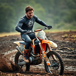 A high-energy photo of a man with a full sleeve shirt emblazoned with a logo, riding an enduro motorcycle through a muddy track