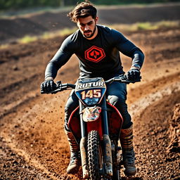 A high-energy photo of a man with a full sleeve shirt emblazoned with a logo, riding an enduro motorcycle through a muddy track