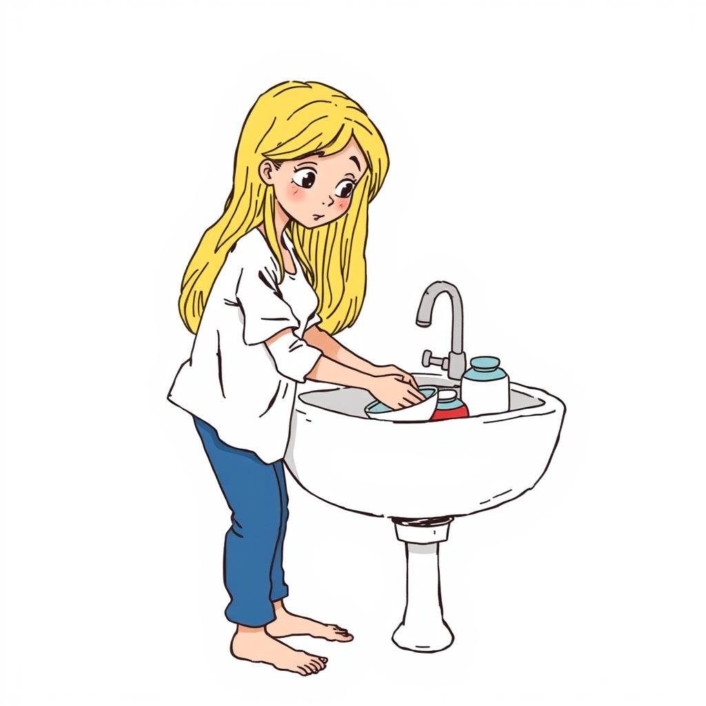 Cenerentola washing dishes by hand in a sink, with long blonde hair, wearing a dirty white shirt, blue pants, and barefoot, in a hand-drawn illustration style