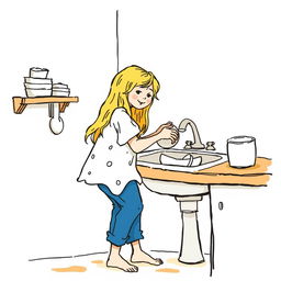 Cenerentola washing dishes by hand in a sink, with long blonde hair, wearing a dirty white shirt, blue pants, and barefoot, in a hand-drawn illustration style