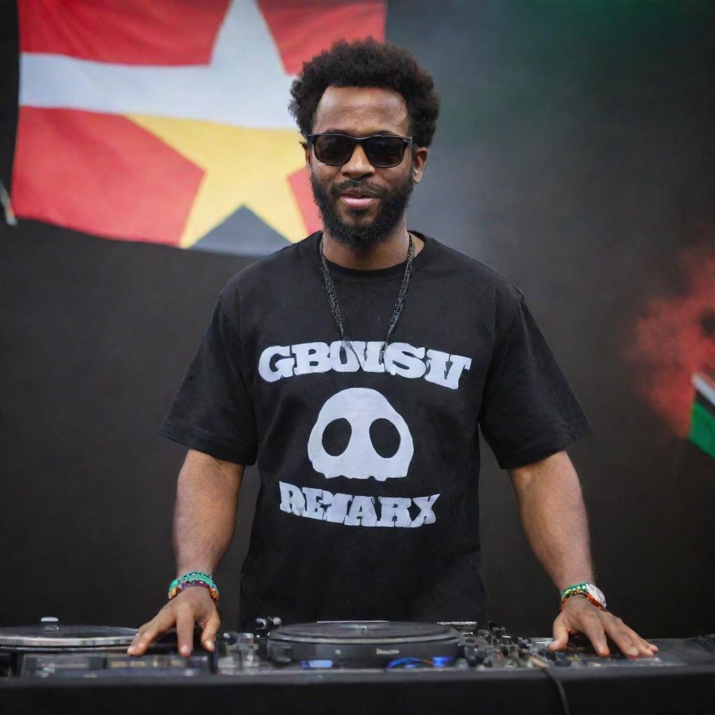 A high-energy DJ on stage with the words 'GHOST REMIX' emblazoned on his shirt, set against the rich colors of the Papua New Guinea flag in the background.