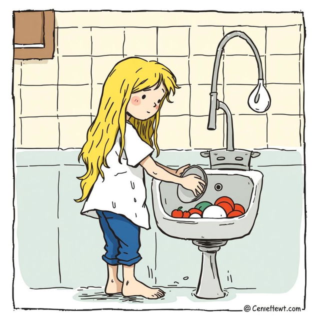 Cenerentola washing dishes by hand in a sink, with long blonde hair, wearing a dirty white shirt, blue pants, and barefoot, in a hand-drawn illustration style