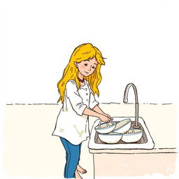 Cenerentola washing dishes by hand in a sink, with long blonde hair, wearing a dirty white shirt, blue pants, and barefoot, in a hand-drawn illustration style