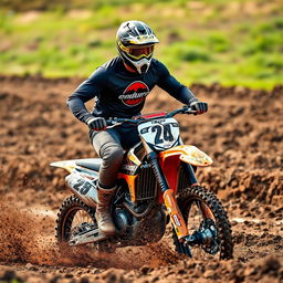 A high-energy photo of a man with a full sleeve shirt featuring a logo, riding an enduro motorcycle through a muddy track