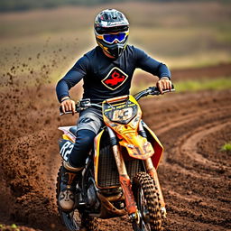 A high-energy photo of a man with a full sleeve shirt featuring a logo, riding an enduro motorcycle through a muddy track