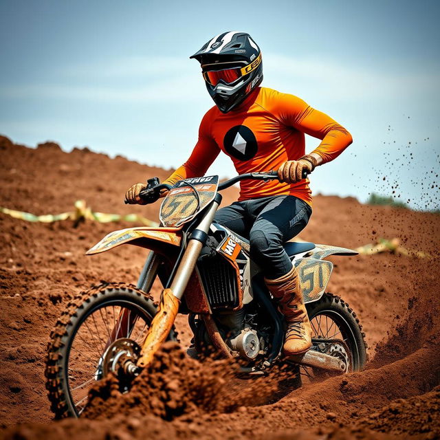 A high-energy photo of a man with a full sleeve shirt featuring a logo, riding an enduro motorcycle through a muddy track