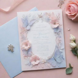 Fairy-themed, ethereal 18th birthday invitation including floral designs and diamond accents, presented in rose quartz and serenity colors.