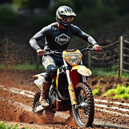 A high-energy photo of a man with a full sleeve shirt featuring a logo, riding an enduro motorcycle through a muddy track