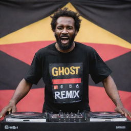 A high-energy DJ on stage with the words 'GHOST REMIX' emblazoned on his shirt, set against the rich colors of the Papua New Guinea flag in the background.